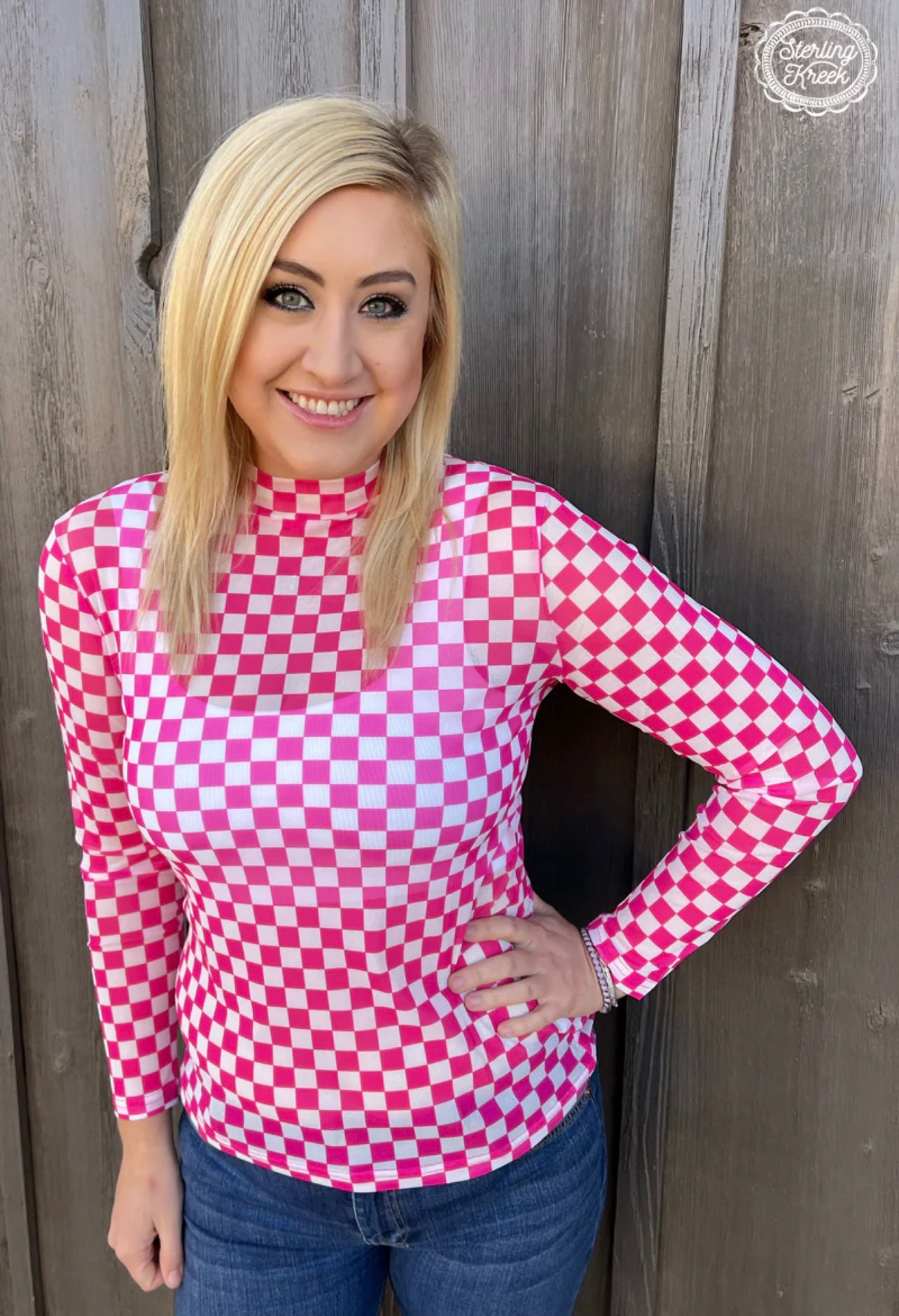 Checkered up mesh top pink