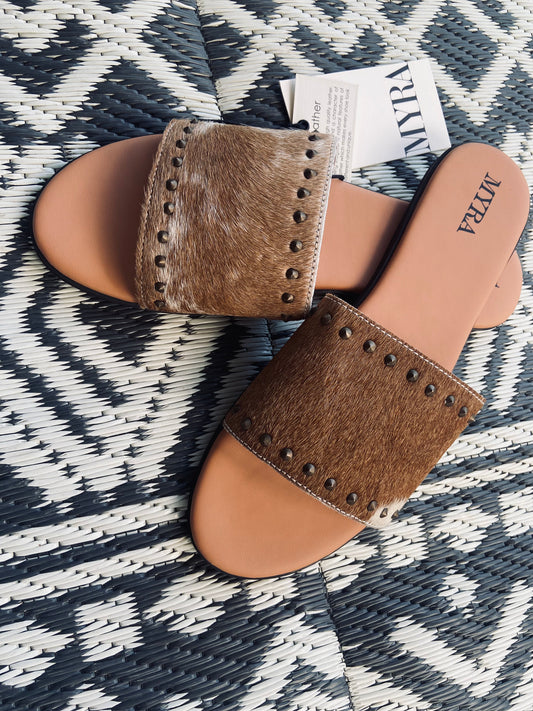 Myra brown and white cowhide sandal