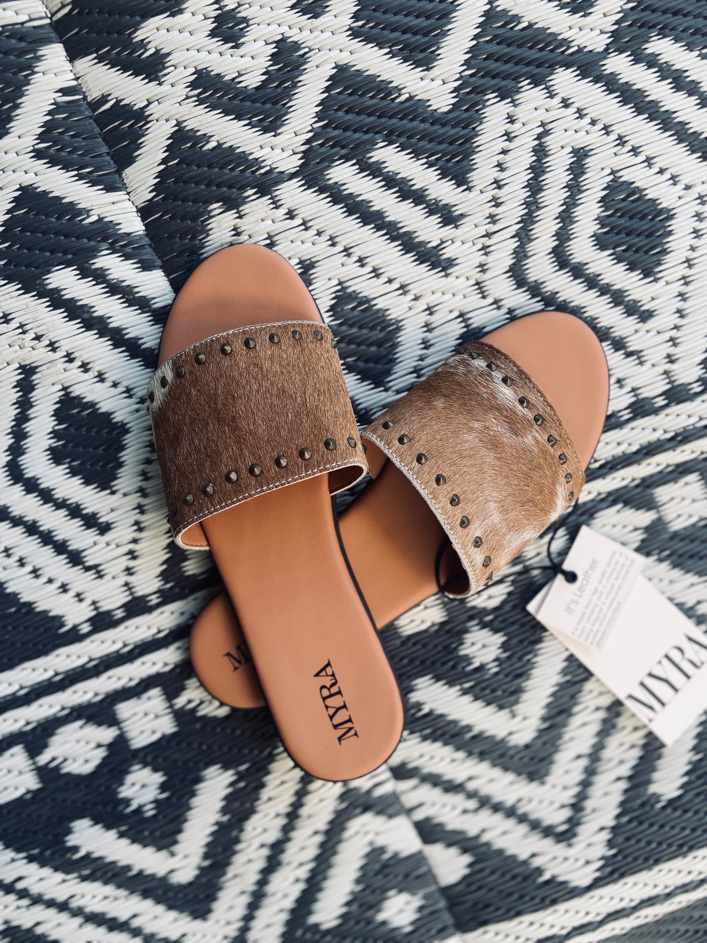 Myra brown and white cowhide sandal